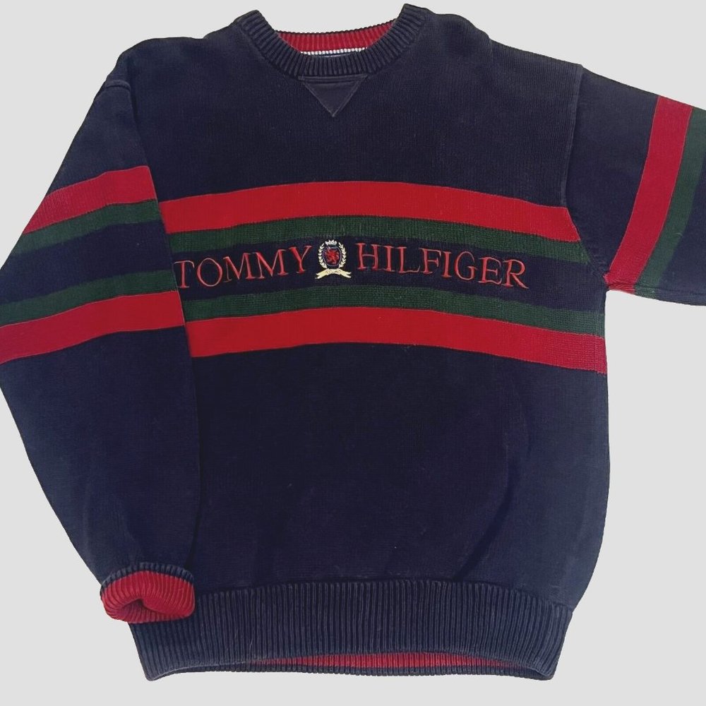 Vintage Tommy Hilfiger Sweater Knit Crest Logo Spellout Navy Green Red Rare 90s